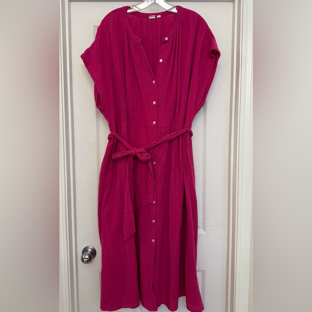 NWOT GAP Fuchsia Button-Down Midi Dress Hot Pink Crinkle Gauze 100% Cotton